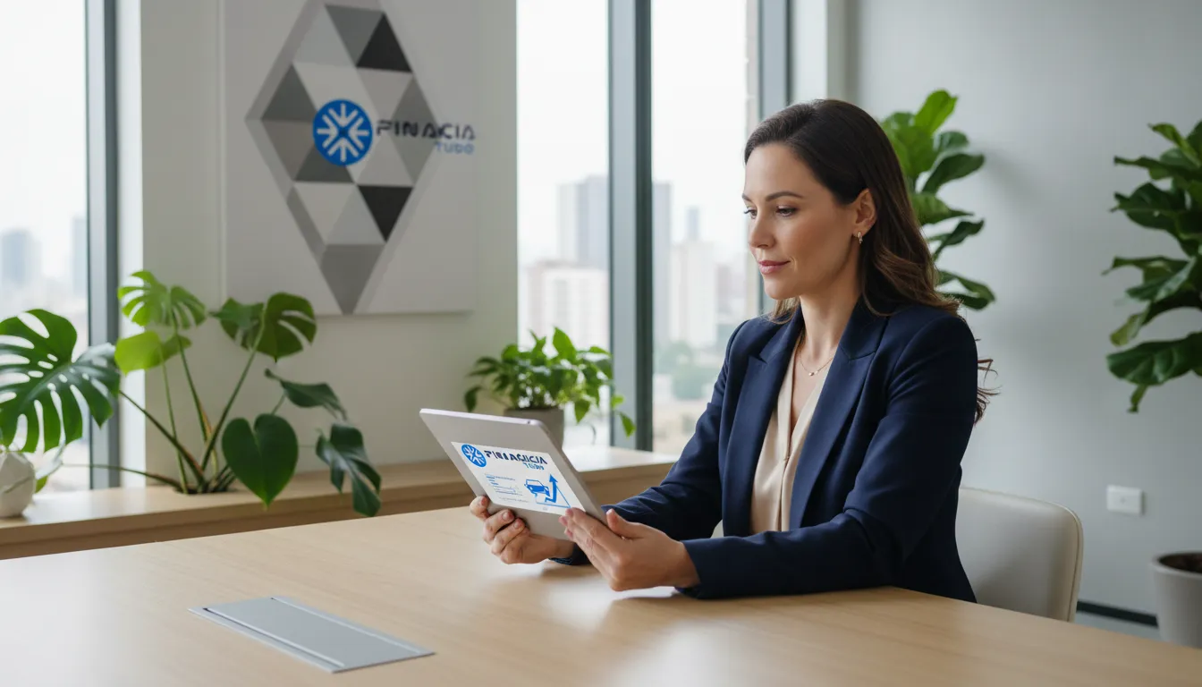 Mulher de negócios analisando opções de empréstimo com carro quitado na Financia Tudo em seu tablet.