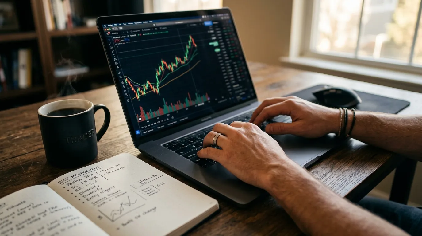 Notebook exibindo gráficos de análise técnica para obter sucesso e ganhar dinheiro operando na Binomo.