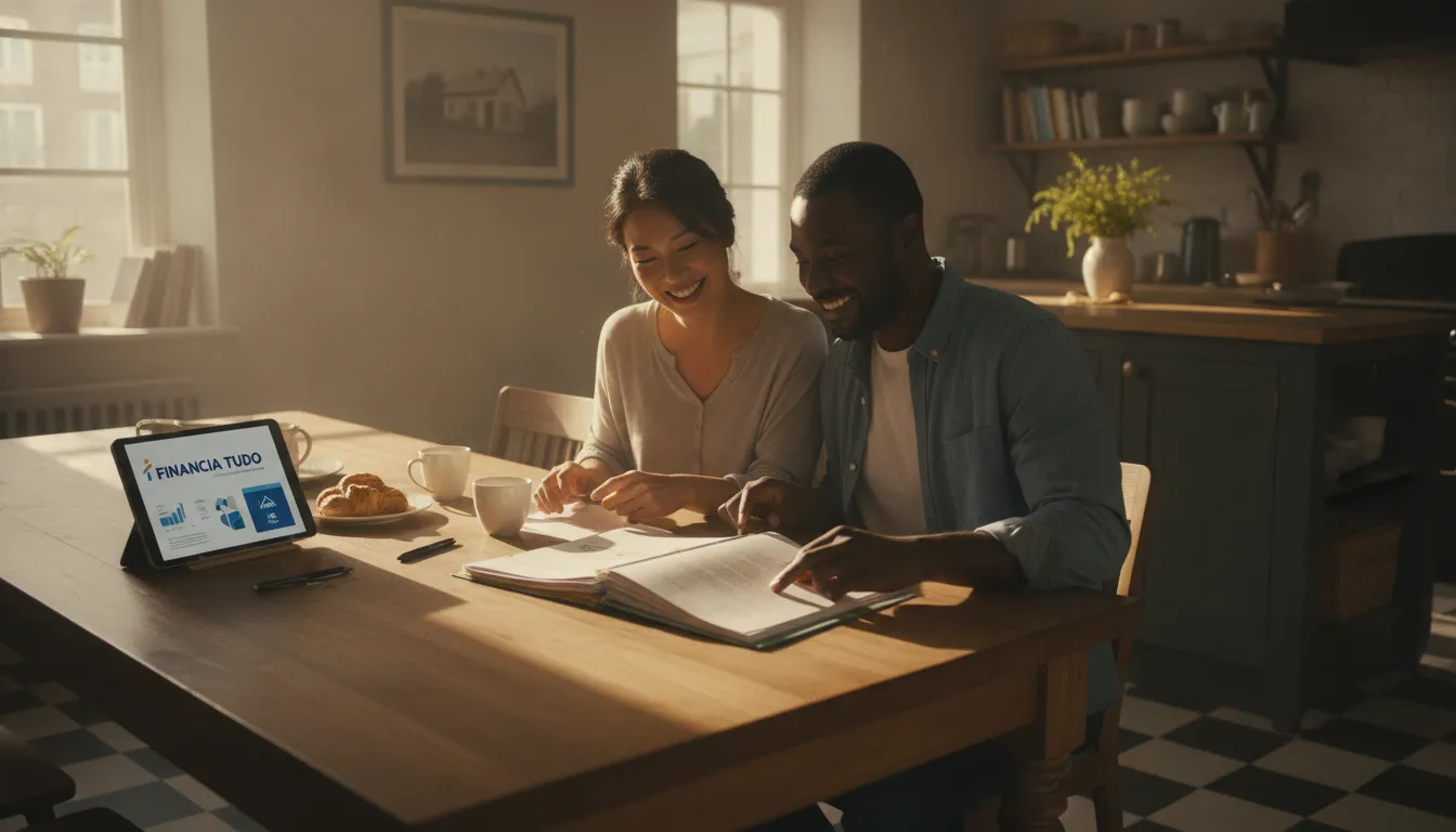 Casal feliz planeja futuro financeiro, aumentando credibilidade com Financia Tudo.