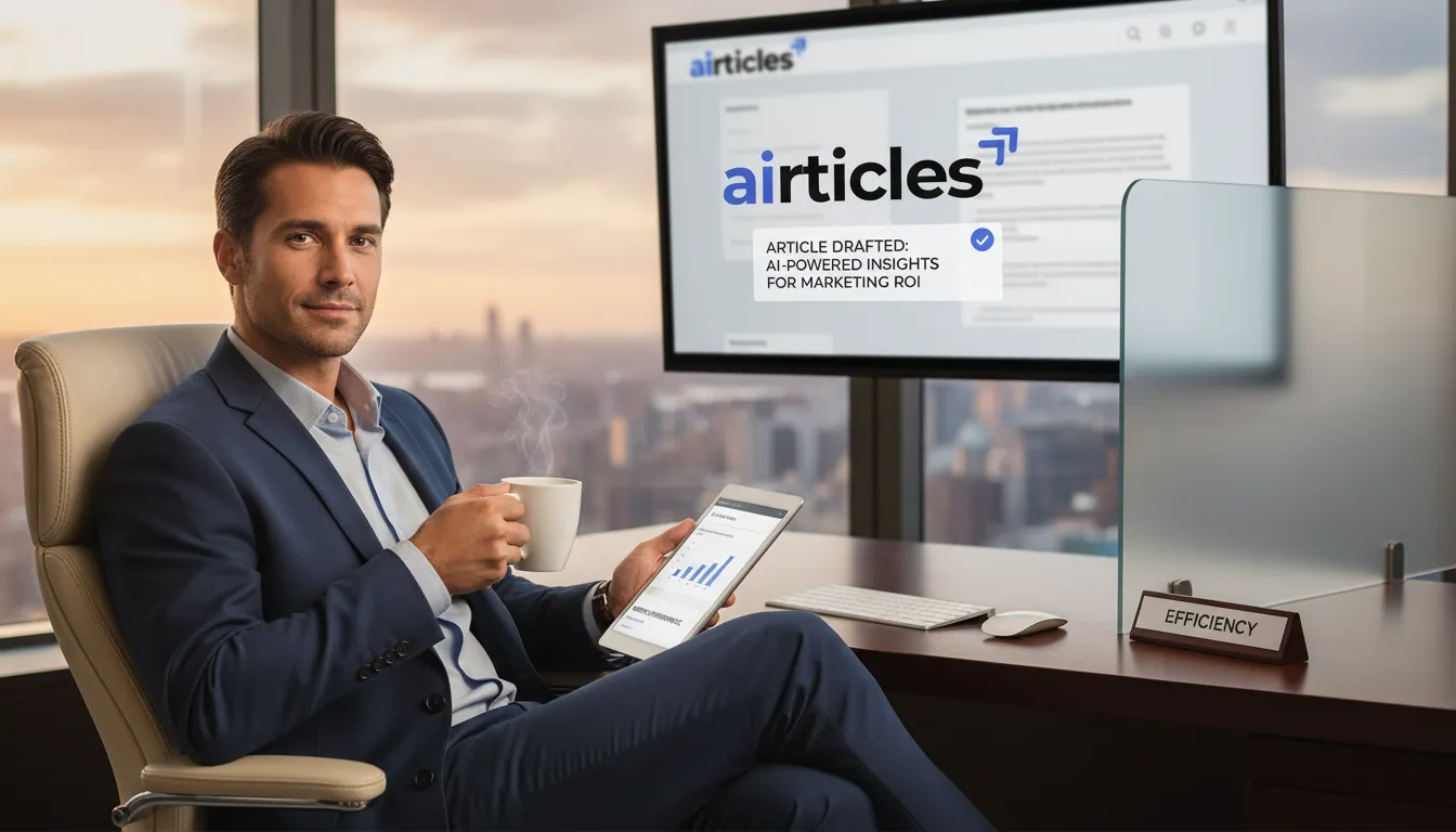 Executive leveraging expert content creation for improved seo of site, saving valuable time and ensuring high-quality output.