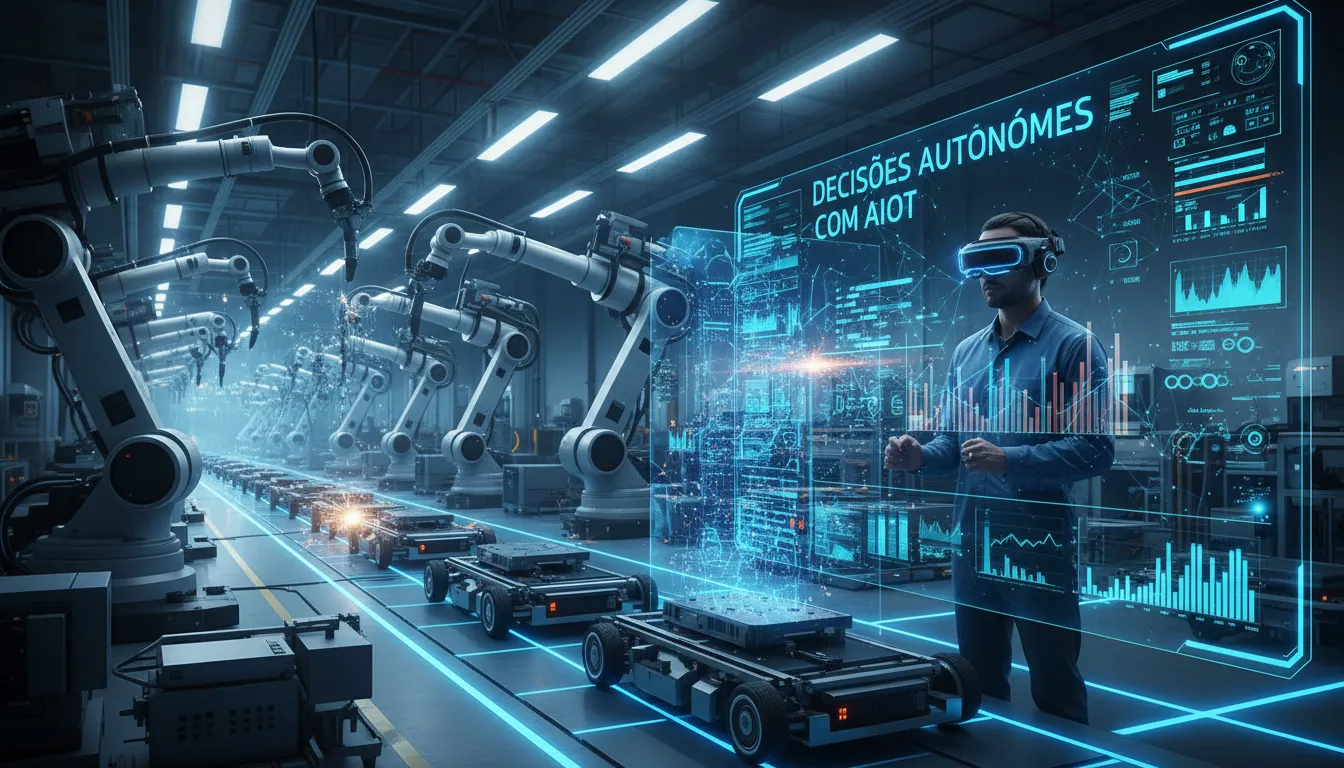 Cena industrial com robôs, máquinas conectadas e técnico monitorando dados preditivos usando inteligência artificial.