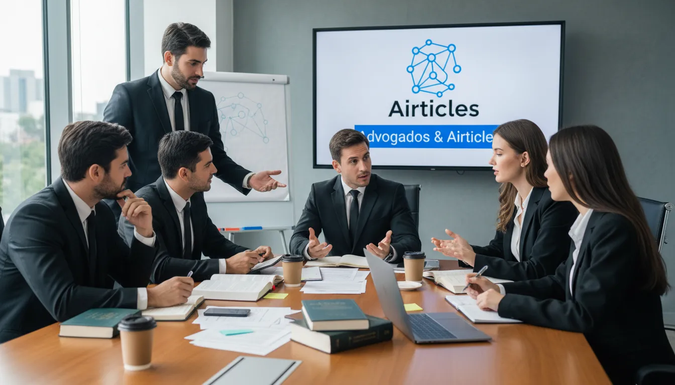 Equipe de advogados colaborando e pensando em estratégias, com o logo da Airticles visível, ilustrando a prospecção de clientes com apoio de tecnologia.