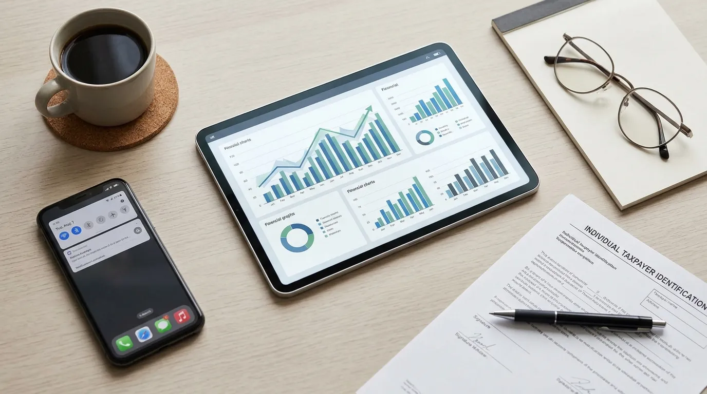 Mesa com tablet e documentos para emissão do seu itin number nos Estados Unidos.