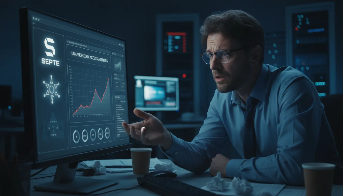 Profissional de TI analisando painel de monitoramento com alertas de acesso não autorizado, representando a detecção precoce de um vazamento de dados.