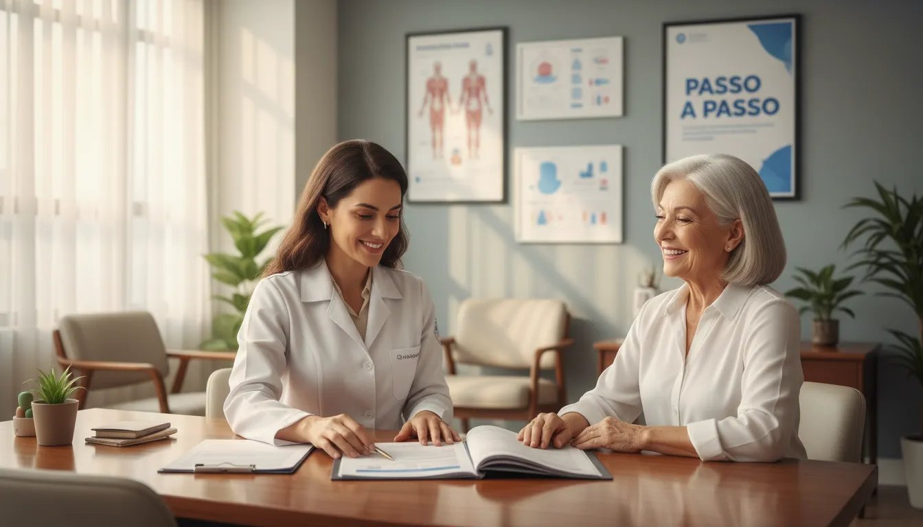 Profissional de saúde explicando processos para mulher idosa.