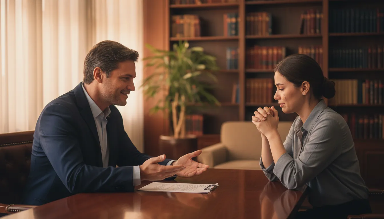 Advogado em Mogi das Cruzes oferece suporte e consultoria a um cliente preocupado em sala de reunião.