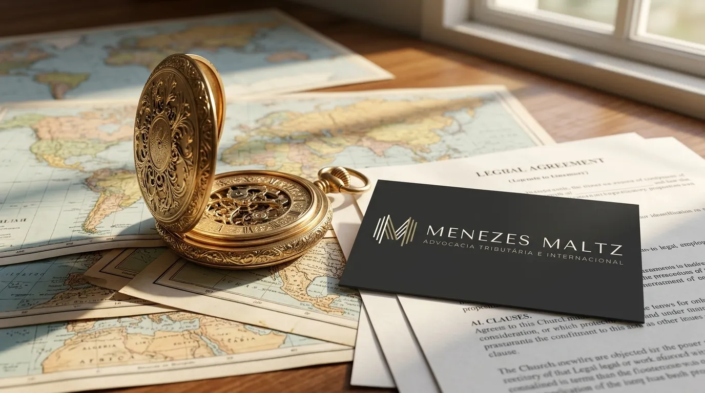 Relogio antigo sobre mapas representando herança e direito de família e sucessões internacional.