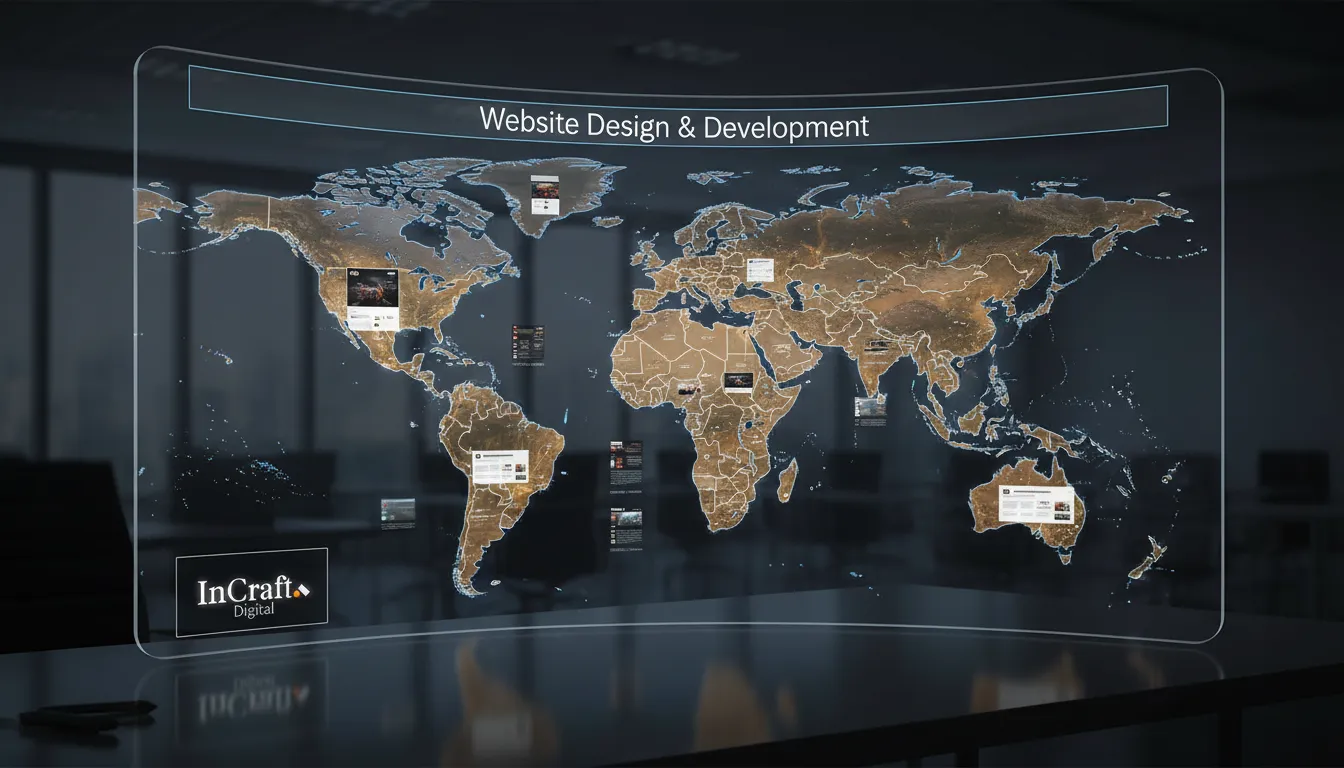 Mapa mundial com projetos da InCraft Digital, mostrando quanto custa criar um site com alcance global.