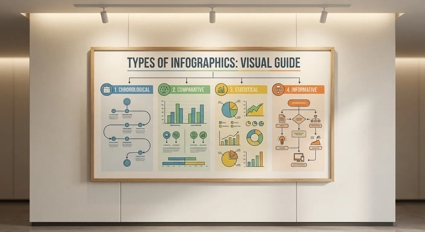 Esquema visual mostrando diversos tipos de infográficos em fundo claro