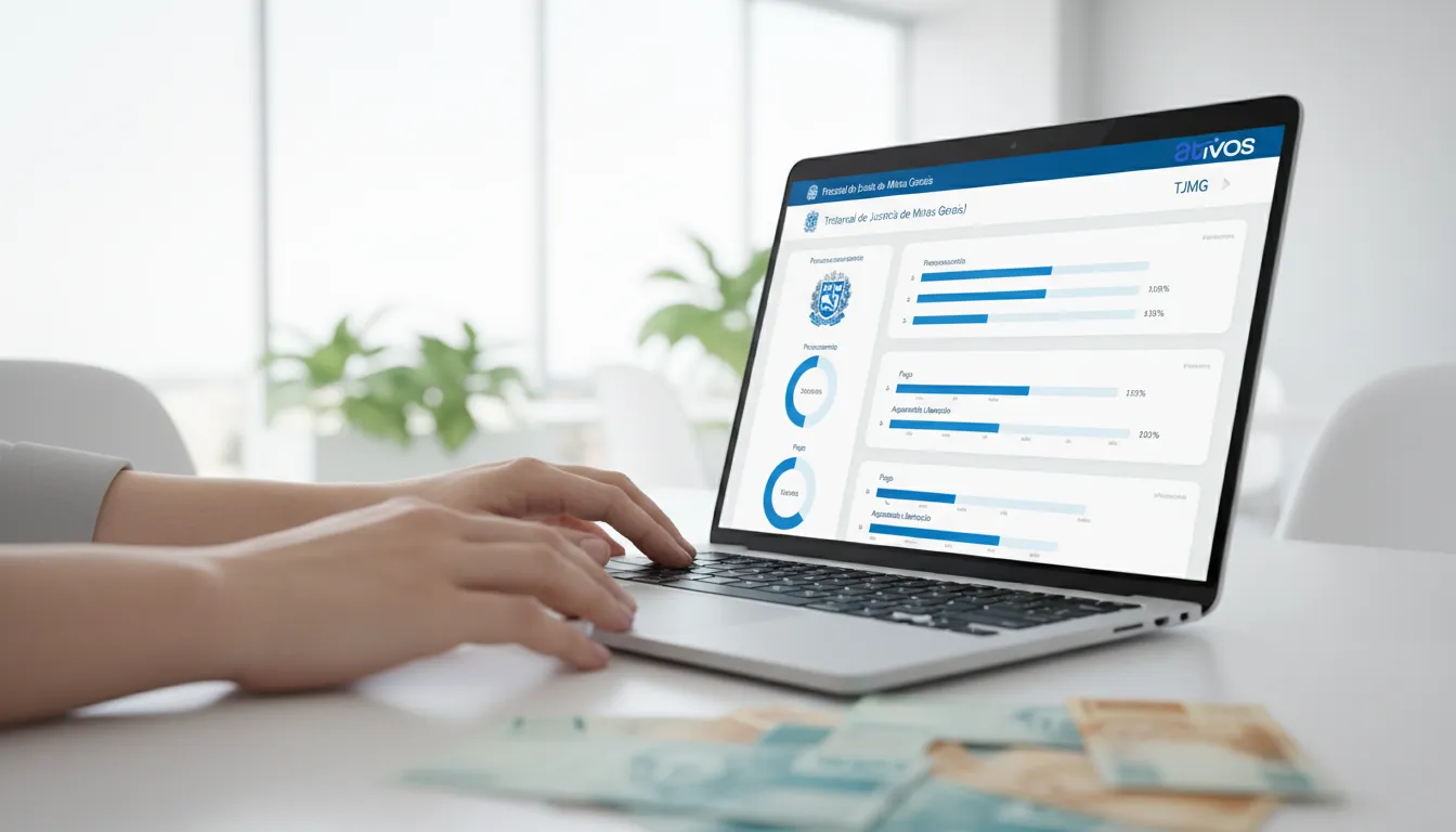 Mãos digitando em um laptop, tela exibe dados de precatórios TJMG para acompanhamento online.