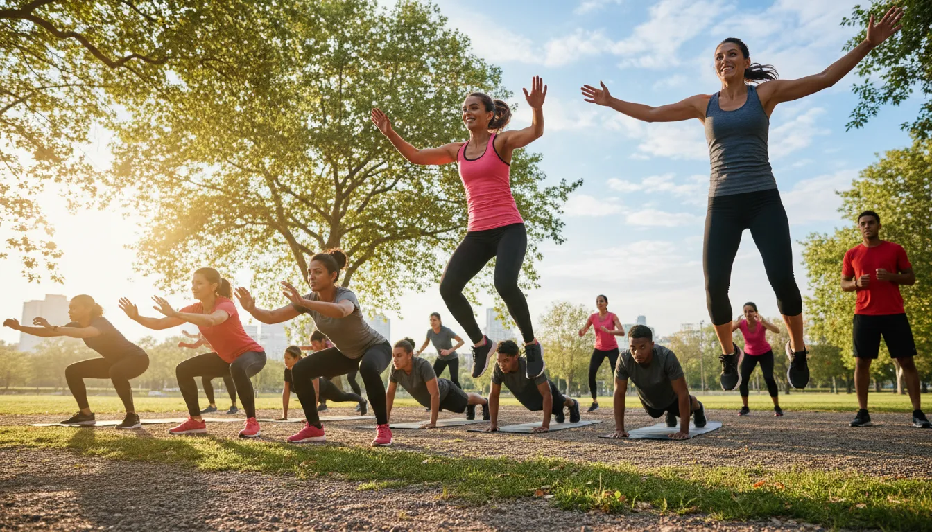 Grupo praticando HIIT ao ar livre, com exercícios variados e muita energia, ilustrando qual exercício mais emagrece e diverte.