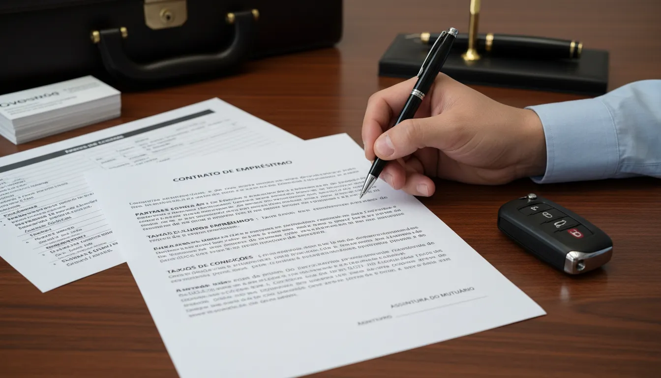 Pessoa assina contrato de empréstimo com chave de carro e papéis na mesa, simbolizando acordo seguro
