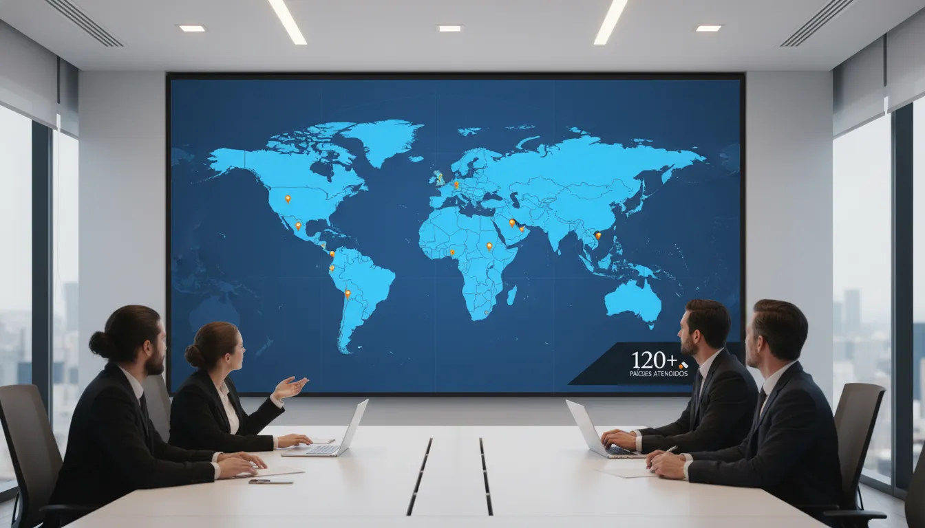 Mapa global com mais de 120 países, simbolizando o alcance internacional no desenvolvimento de sites da InCraft Digital.