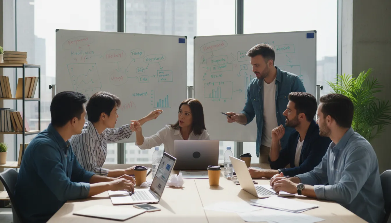 Colaboração em SEO no marketing: equipe brainstorming estratégias de otimização.
