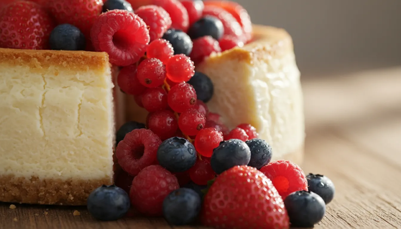 Close-up apetitoso de frutas vermelhas frescas, como morangos e mirtilos, cobrindo um cheesecake cremoso.