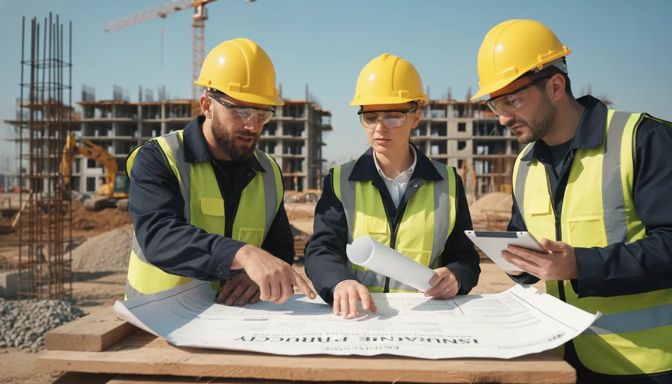 Engenheiros e operários analisam apólice em canteiro de obras, reforçando proteção de responsabilidade civil.