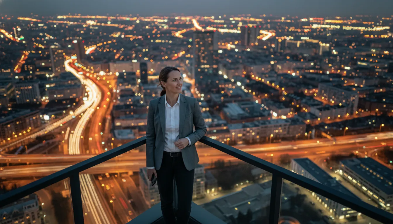 Pessoa observa horizonte da cidade ao entardecer, simbolizando sucesso e educação financeira crédito.