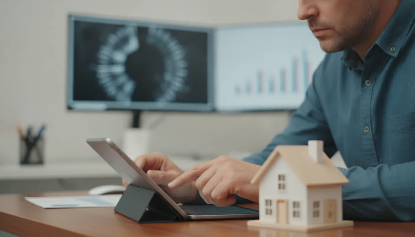 Dentista analisando documentos financeiros e home equity para dentistas, planejamento estratégico.