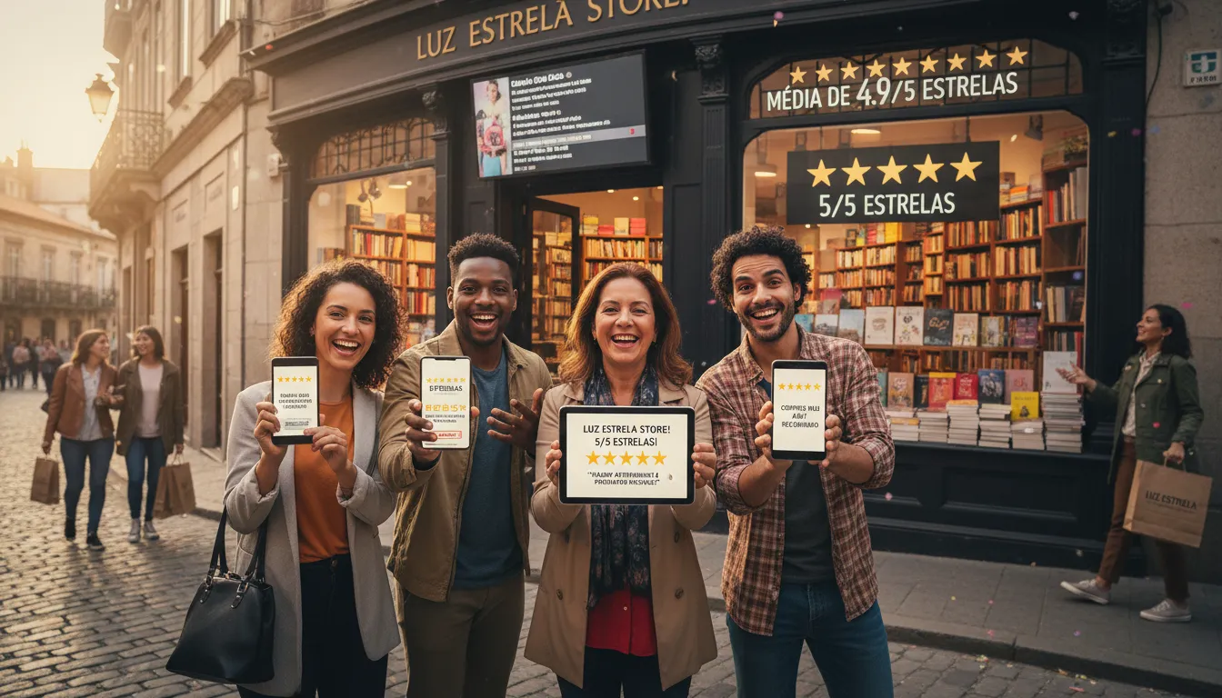 Exemplos de Seções de Homepage para Pequenas Empresas Locais 2 Clientes felizes deixam depoimentos em site de empresa local, avaliações positivas, loja de bairro ao fundo