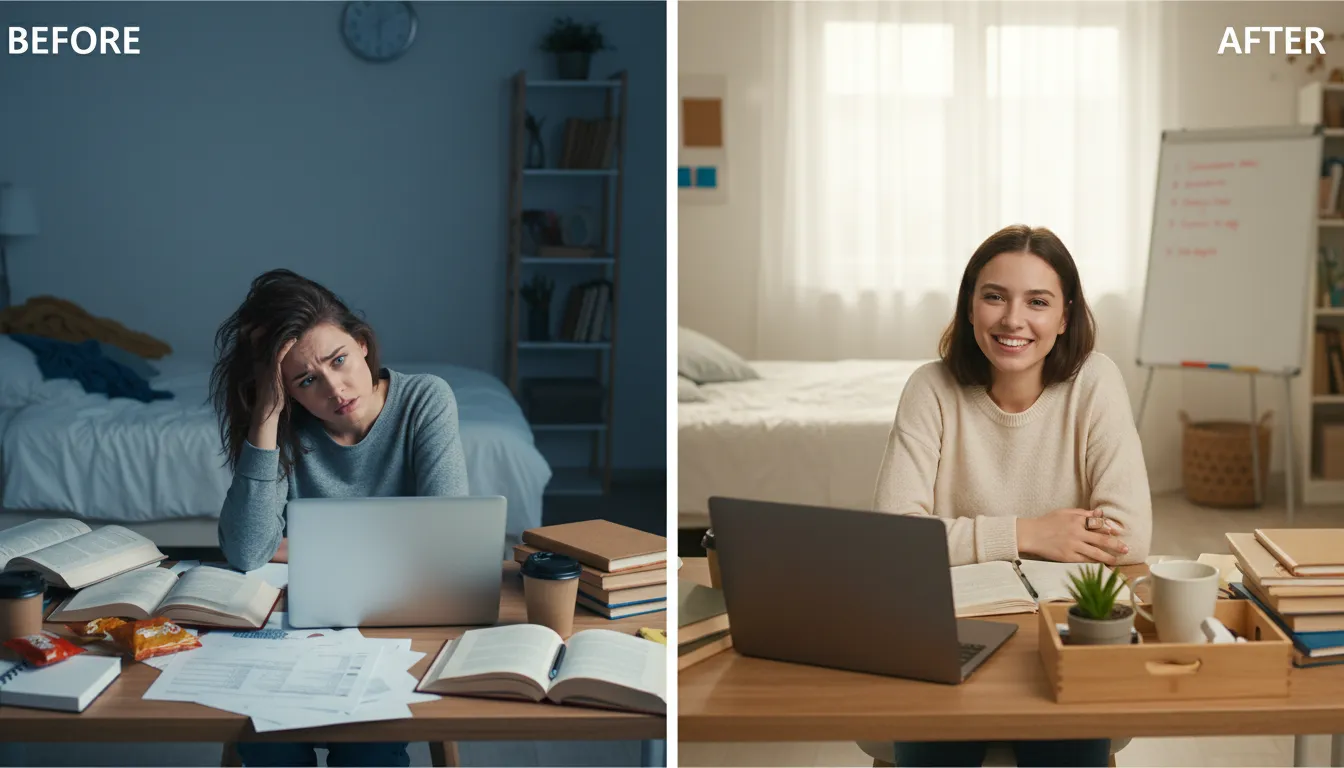 Antes e depois do coach online: pessoa estressada se transforma em organizada e sorridente.
