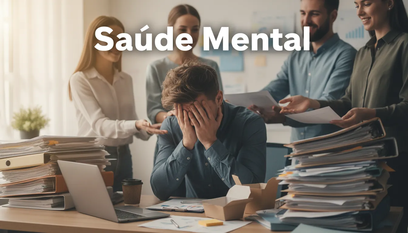 Um funcionário estressado em sua mesa, com colegas oferecendo apoio, simbolizando a necessidade de priorizar a saúde mental no trabalho. Unolife: Cuidado e suporte.
