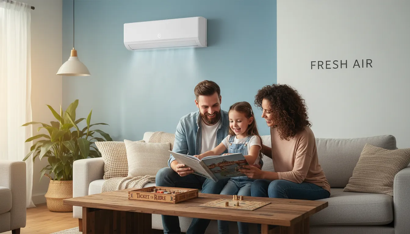 Família feliz em ambiente fresco e limpo. Limpeza de ar condicionado Grupo Hermonex garante conforto e saúde para todos.