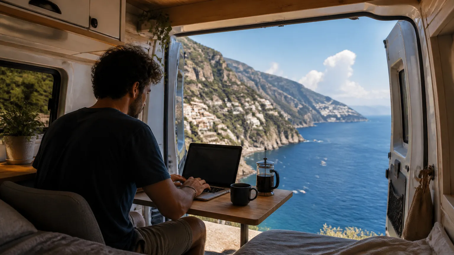 Profissional decide trabalhar remotamente italia em campervan com vista panoramica costeira.