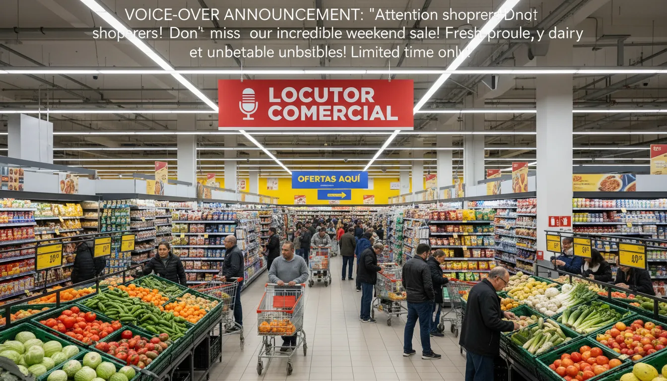 Um supermercado movimentado com anúncios de um locutor comercial, promovendo ofertas. Ideal para destacar promoções e atrair clientes.
