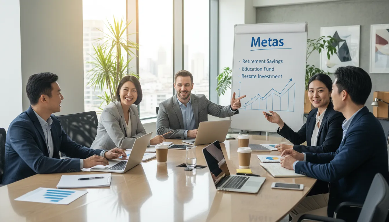 Grupo diversificado colabora em estratégias financeiras, visualizando opções de investimento em um ambiente de trabalho moderno. Planejamento de metas financeiras.