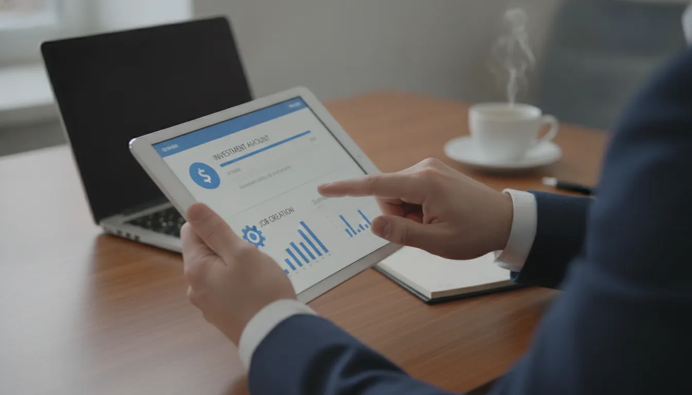 Mãos preenchendo formulário digital do visto EB5 em tablet, detalhando investimento e criação de empregos nos EUA.