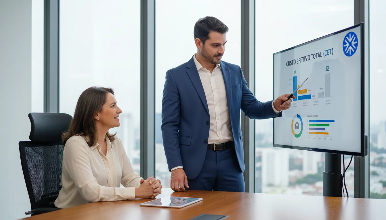 Consultor financeiro Financia Tudo explicando de forma clara o custo efetivo total crédito a um cliente satisfeito.