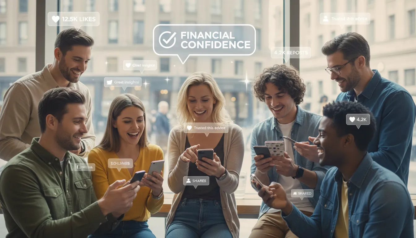 Grupo diverso interagindo com smartphones e sobreposição de curtidas e comentários, simbolizando engajamento financeiro nas redes sociais.