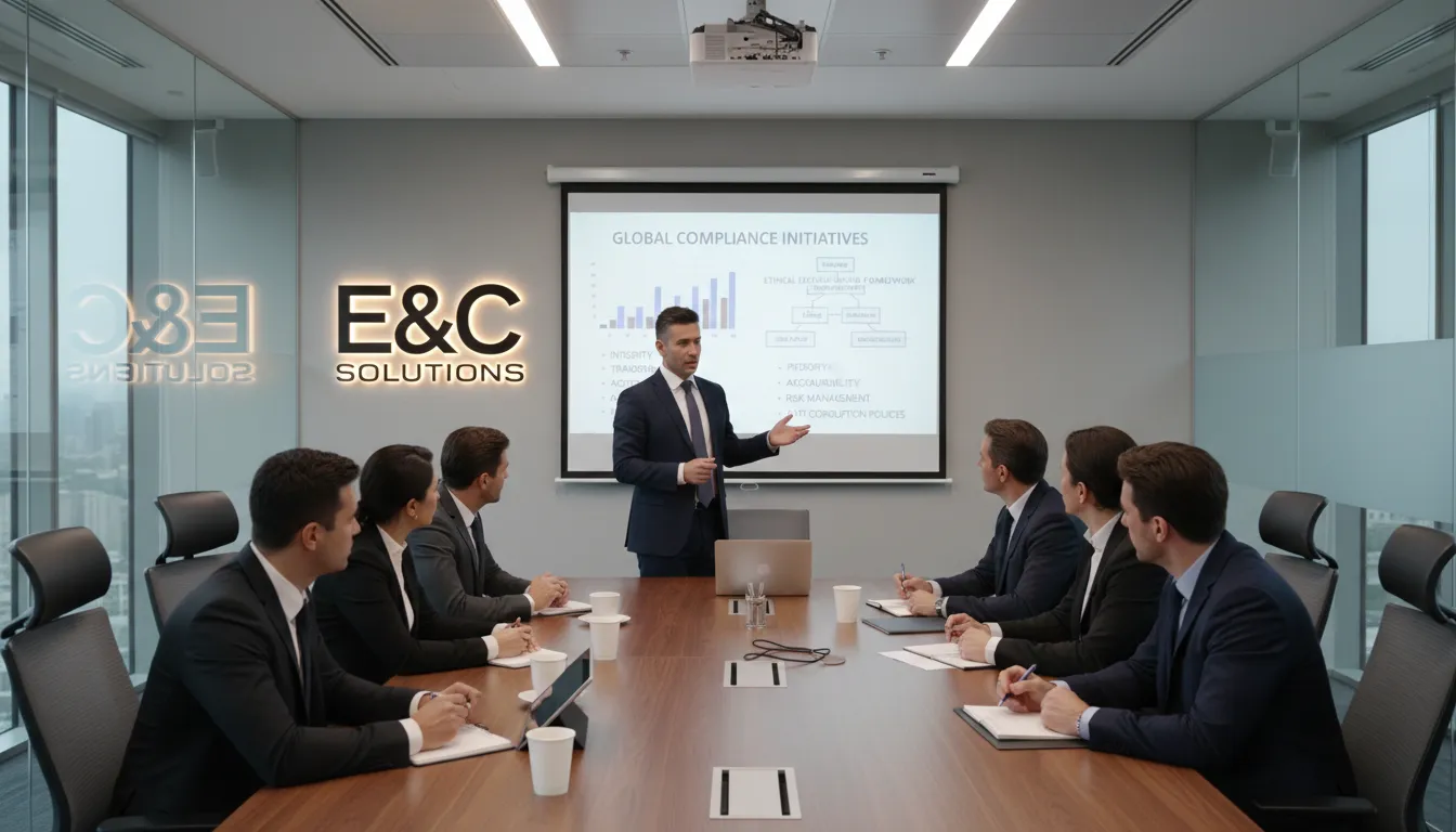 Profissional ministra treinamento sobre ética e compliance para equipe em sala de reunião moderna.