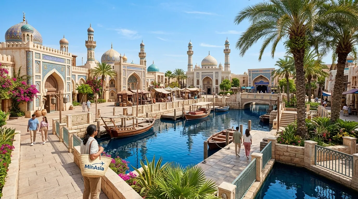 Arquitetura arabica detalhada e canais de agua no parque tematico disneysea