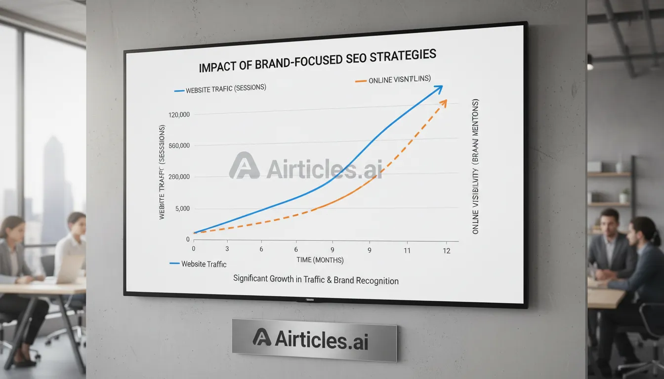 Gráfico demonstrando o impacto do SEO Brand Marketing focado na marca, com aumento do tráfego e reconhecimento online impulsionado pela Airticles.ai.