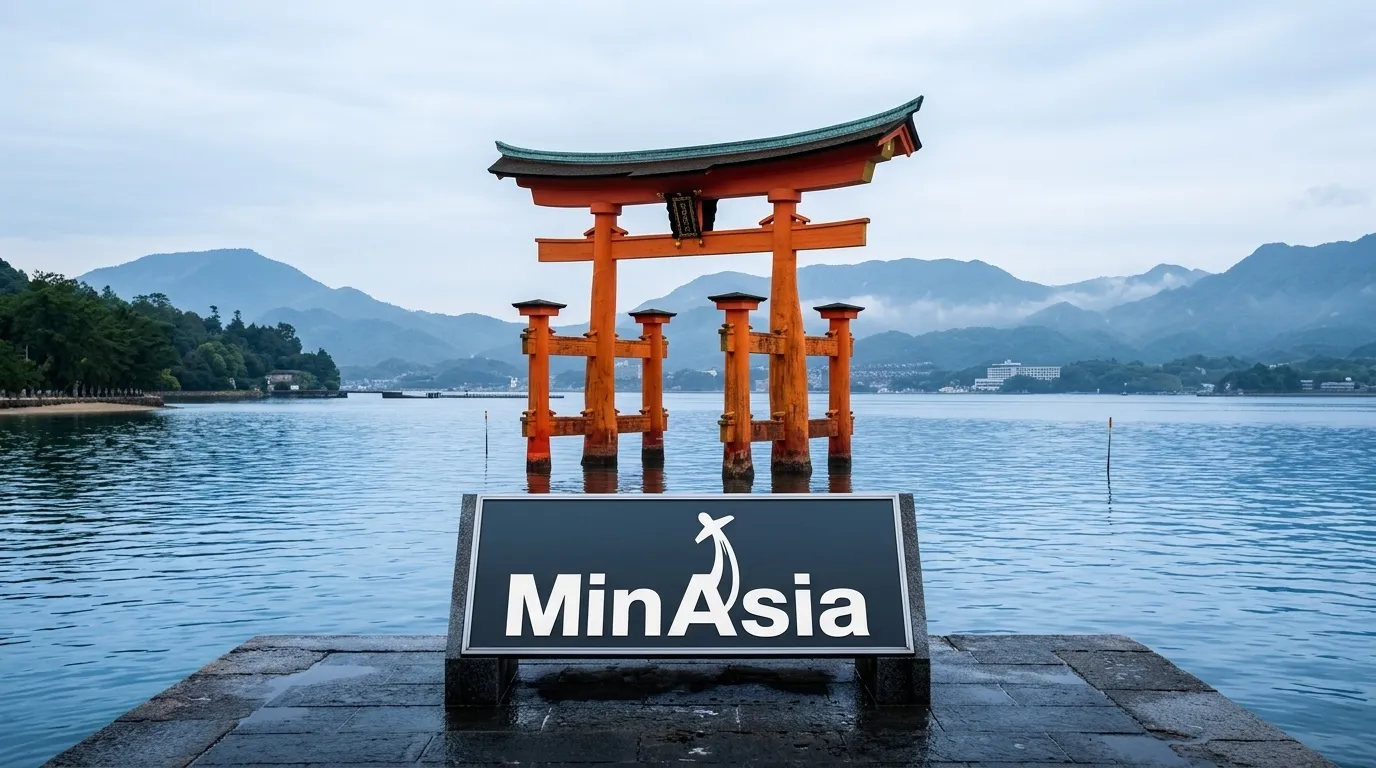 Grande torii flutuante de miyajima perto de hiroshima no mar calmo durante a mare cheia.