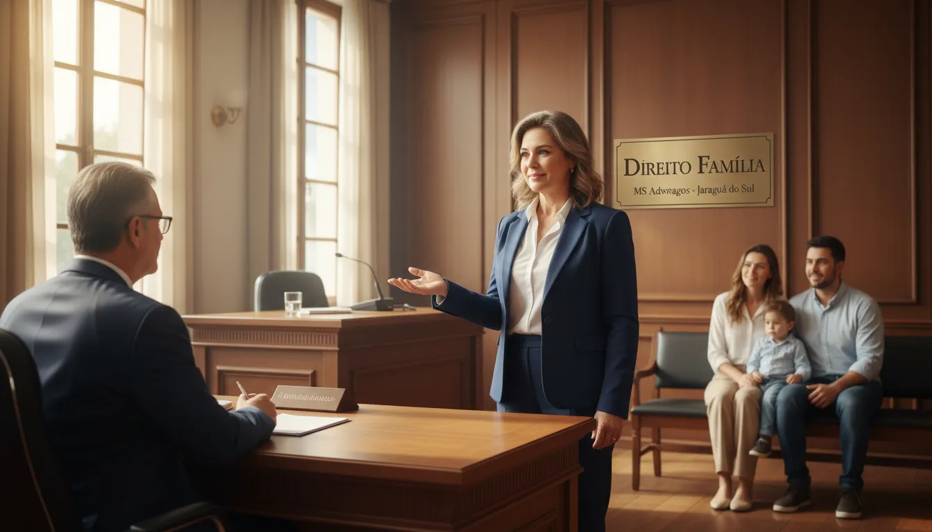 Cena de um advogado de família da MS Advogados em um tribunal em Jaraguá do Sul, focado no suporte legal.
