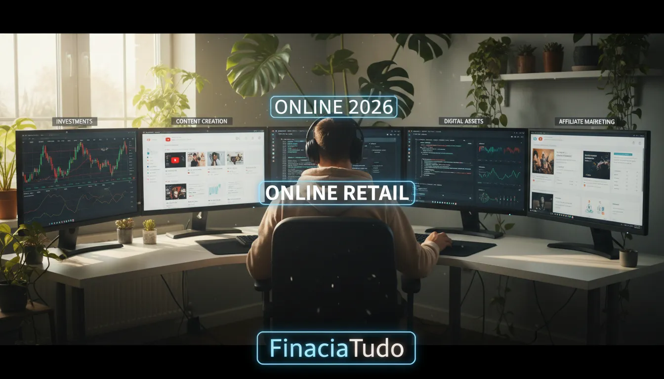 Trabalho remoto com múltiplas fontes de renda, representando a busca por renda extra online em 2026. Conte com a Financia Tudo para planejar seu futuro financeiro.
