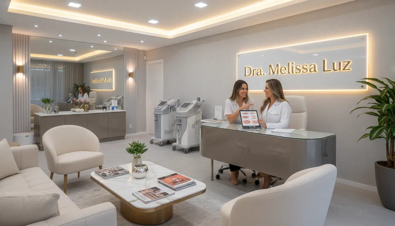 Interior moderno da Luz Clinic, com paciente feliz consultando sobre preenchimento labial preço com a Dra. Melissa Luz.