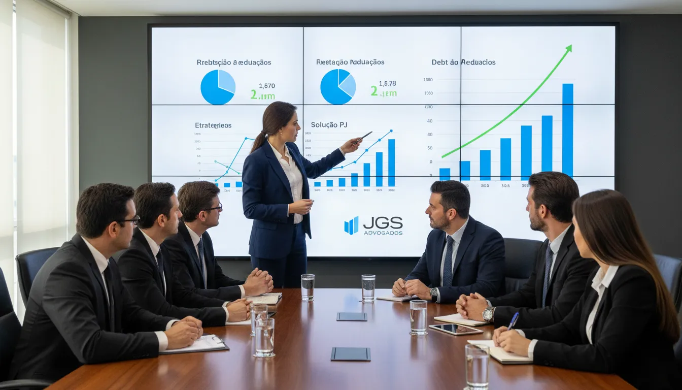 Profissionais em reunião discutindo estratégias de renegociação de dívidas CNPJ, com a JGS Advogados apresentando soluções para empresas com passivos financeiros.