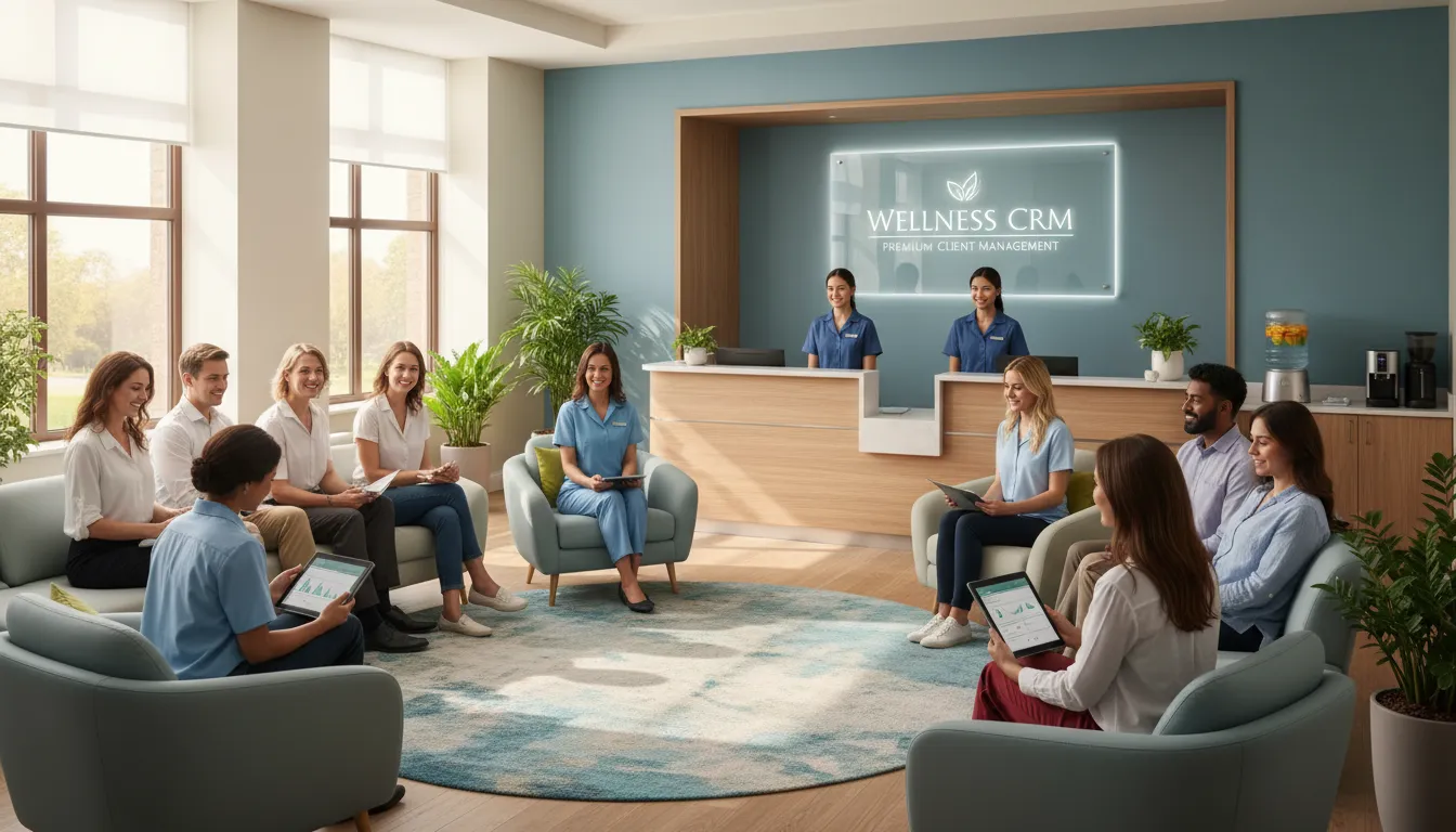 Recepção de clínica de bem-estar convidativa, simbolizando o uso de crm gratuitos escalar negócio para gestão de clientes, com branding premium.