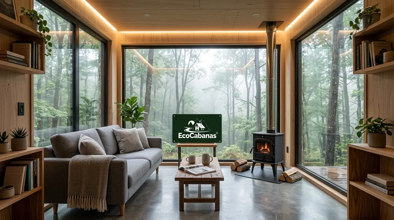 Interior aconchegante e decorado de uma casa container sustentável com vista para a natureza florestal.