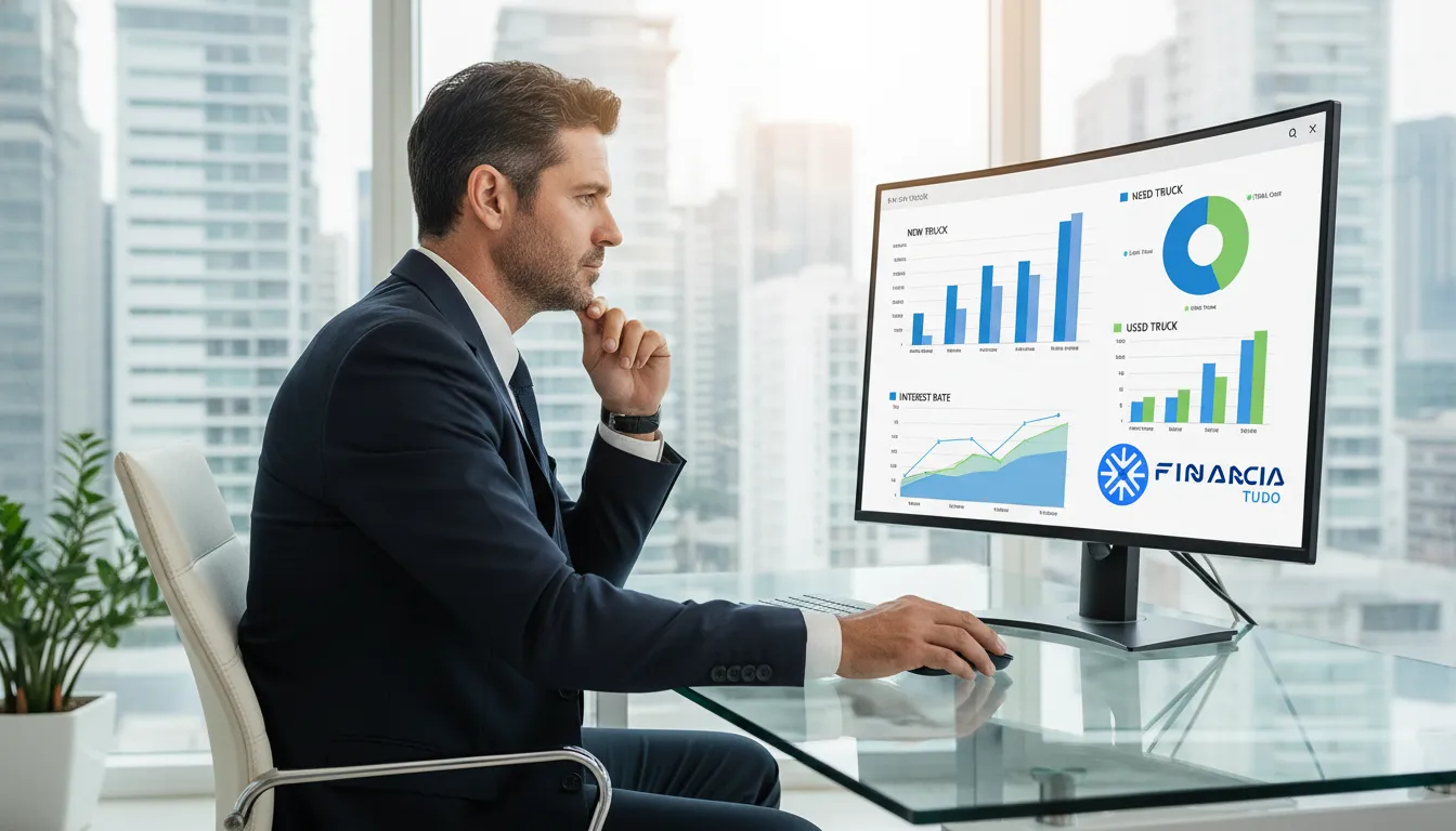 Analista financeiro comparando as taxas de financiamento de caminhão usado e novo em ambiente corporativo.