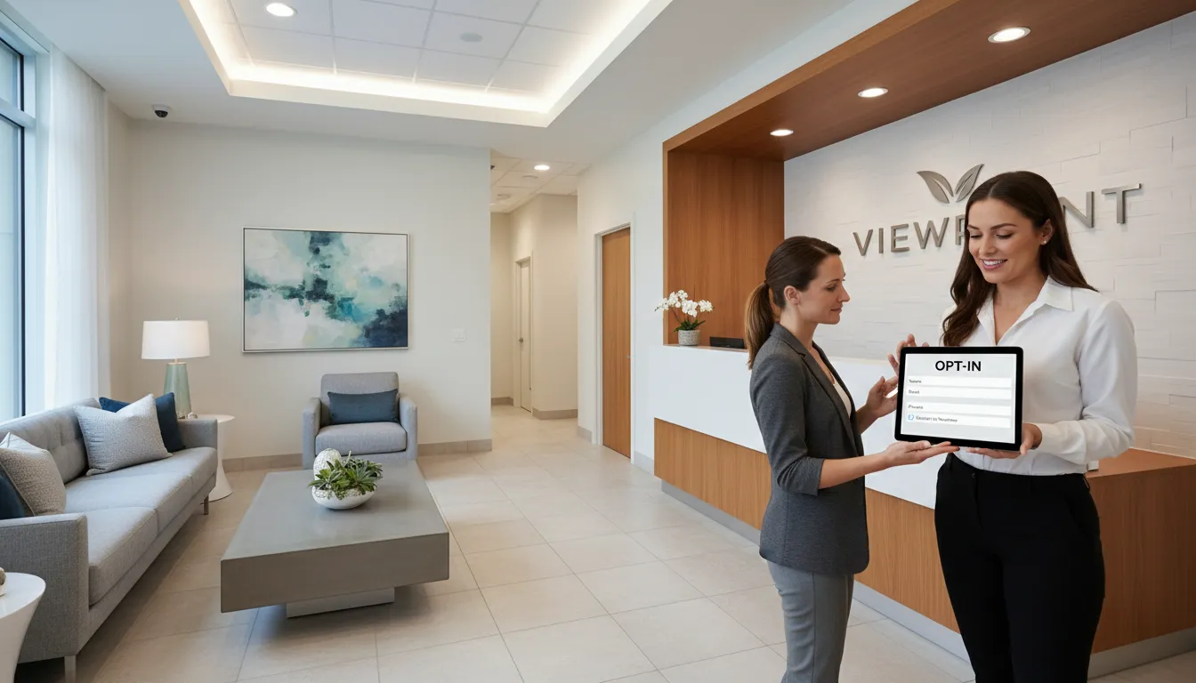 Recepção moderna de clínica de bem-estar com tablet exibindo formulário de opt in o que é, da Viewpoint, reforçando a experiência do cliente.