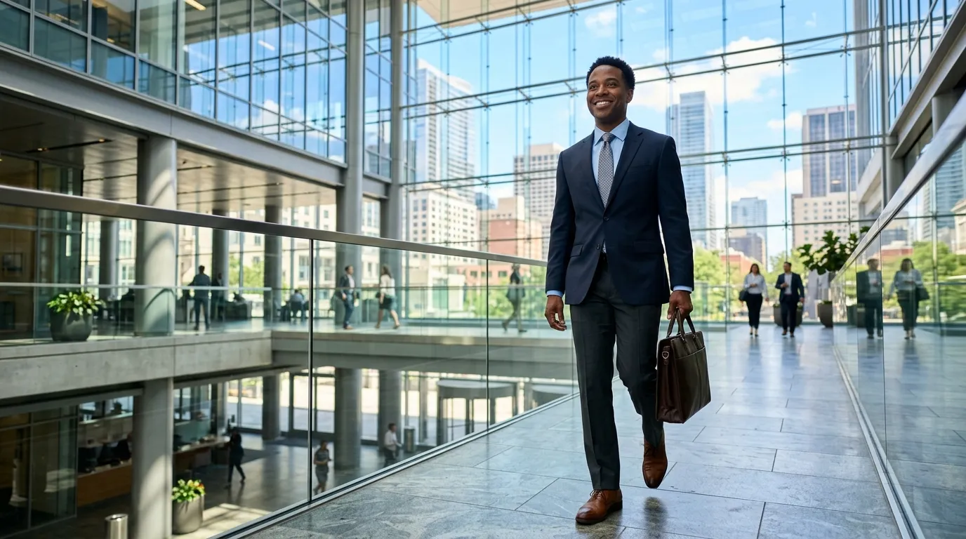Empreendedor internacional com visto para trabalhar nos Estados Unidos em centro empresarial.