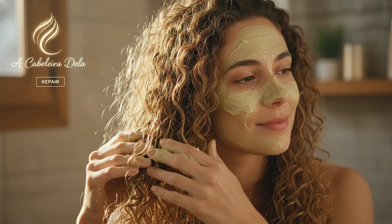 Mulher aplicando máscara capilar no cabelo fraco e sem vida, buscando revitalização e hidratação profunda.