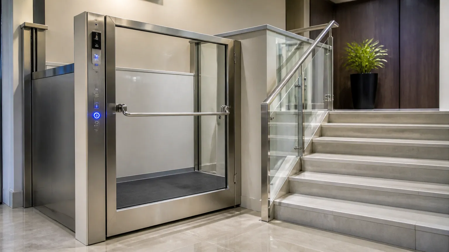 Plataforma elevatória instalada via financiamento de acessibilidade condominial no hall.