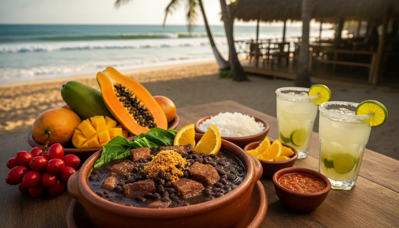 Feijoada sendo servida em restaurante à beira-mar em Trancoso viagem, com frutas tropicais e caipirinhas.