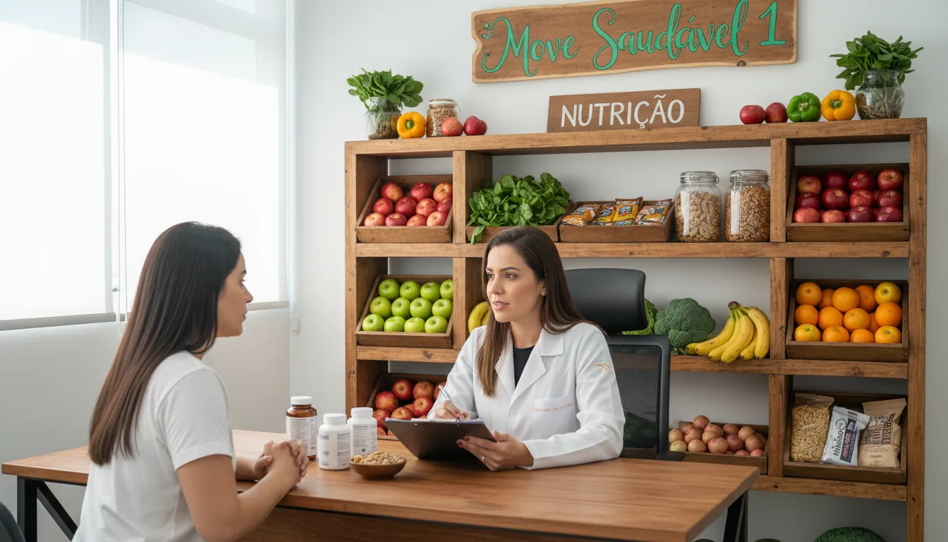 Nutricionista consultando paciente sobre dieta e suplementos para emagrecer, com frutas e vegetais ao fundo.