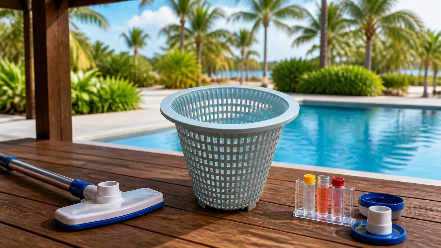 Equipamentos de limpeza e skimmer piscina em bancada de manutenção externa.